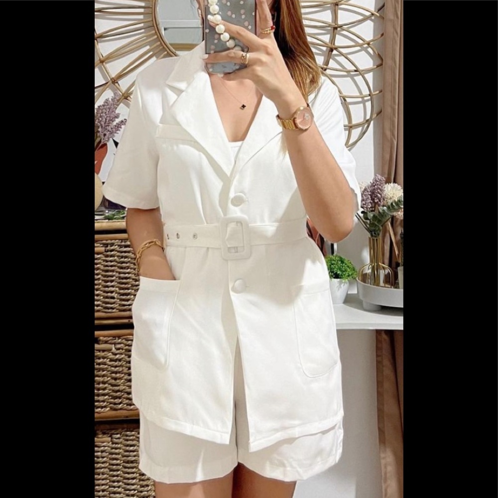 White top and shorts coords with belt